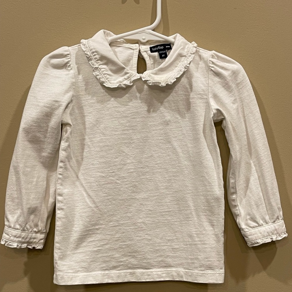 Baby Gap Ruffle Neck White Long Sleeve Shirt - size 2T